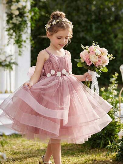 Young Girl Spaghetti Strap 3D Floral Mesh Pink Princess Dress, Elegant Gown Suitable For Girls Birthday Party, Evening Banquet, Wedding Flower Girl Dress