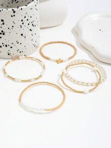 Bộ 5 vòng tay hạt ngọc trai giả CCB, vòng tay hạt co giãn hình chữ thập tối giản thời trang cá nhân hóa dành cho nữ. - Vàng - Xem 5