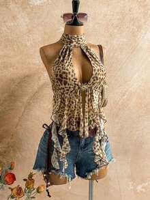 Women's Vacation Leopard Print Scarf Backless Bow Tie Strap Flowy Hem Blouse, Suitable Beach, Seaside, Date, Holiday, Afternoon Tea, Wedding Season, Cruise, Road Trip, Boho Vacation, Music Festival, Hippie, Western Style, Can Be Worn Inside Or Outside, All Season Leopard Top Bohemian Top Cheetah Top Scarf Top Animal Print Top - Màu Khaki - Xem 9