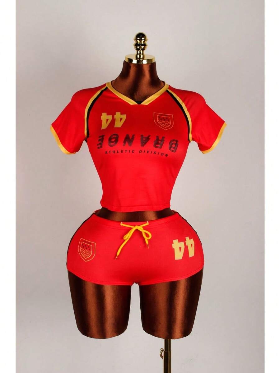 Spring And Summer 2026 New Sports Fashion Slim Retro Hot Girl Letter Print Short-Sleeved Top Shorts Set - Red - View 1