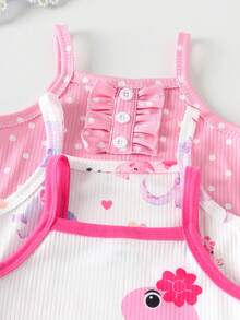 3pcs/Set Baby Girls' Summer Polka Dot & Dragon & Animal Print Romper Bodysuit Set - Multicolor - View 3