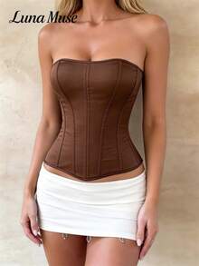 Top con cierre de mujer Luna Muse, nueva moda primavera/verano. Corset negro de otoño, corset vintage de espina de pescado negro sexy, top corto con tirantes finos, elegante y ajustado, adecuado para uso diario, fiesta, vacaciones, casual, citas, calle, actuaciones, exterior, vuelta al colegio, estilo punk, Acción de Gracias, festivales de música, San Valentín, fiesta de Año Nuevo - Café integral - Ver 5