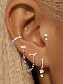 4件套独特24K镀金立方氧化锆吊坠耳环套装，女士锆石链耳钉套装，耳环组合，可叠戴 - 4pcs/set - 查看 2