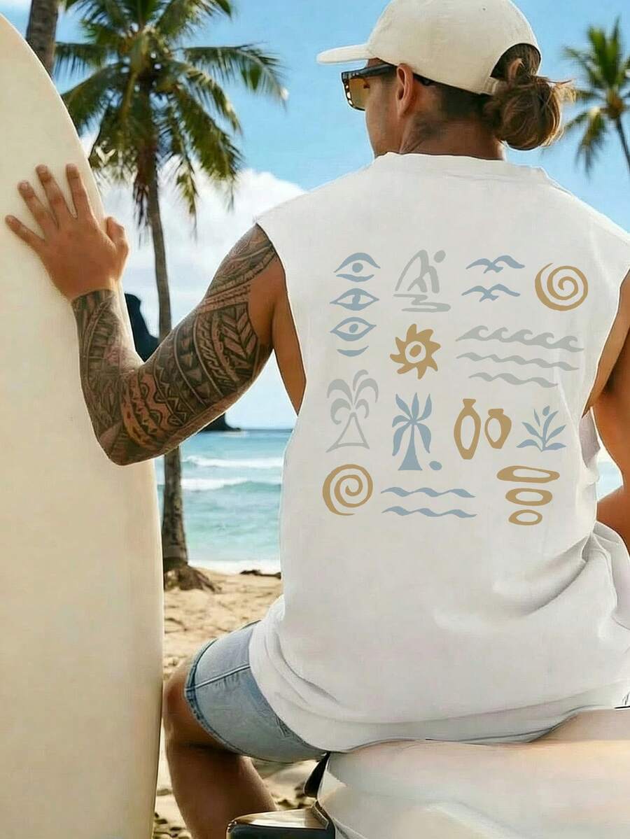 男士休闲无袖棕榈树和字母印花圆领背心