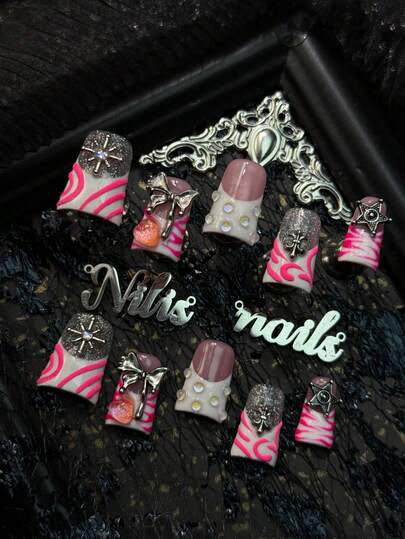 10pcs Handmade Fully Covered Short Duck Nails Acrylic Kit, White Nails, White French Nails, Hand-Painted Rose Red Fluorescent Three-Dimensional Asymmetric Wave Patterns, Hand-Painted Rose Red Zebra Stripes&Transparent Beads, 3D Three-Dimensional Silver Cross Star&Metal Bow&Transparent Iridescent Heart&Silver Sparkling Pentagram
