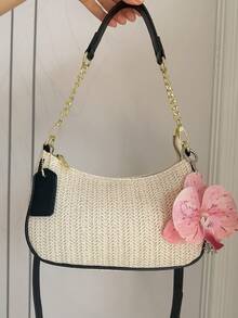 夏季新款时尚编织单肩包，粉色花卉装饰链条斜挎包，休闲手提包，Y2K风格腋下包，可单肩或斜挎 - 黑色 - 查看 8