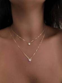 1pc Beaded Double Layer Heart Pendant Necklace With Decor Women's Date Valentines - Silver - View 1