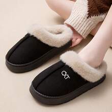 Thermal Slippers, Solid Color Casual Fabric Letter Design, Unisex Indoor Wear, Autumn/Winter - Black - View 3