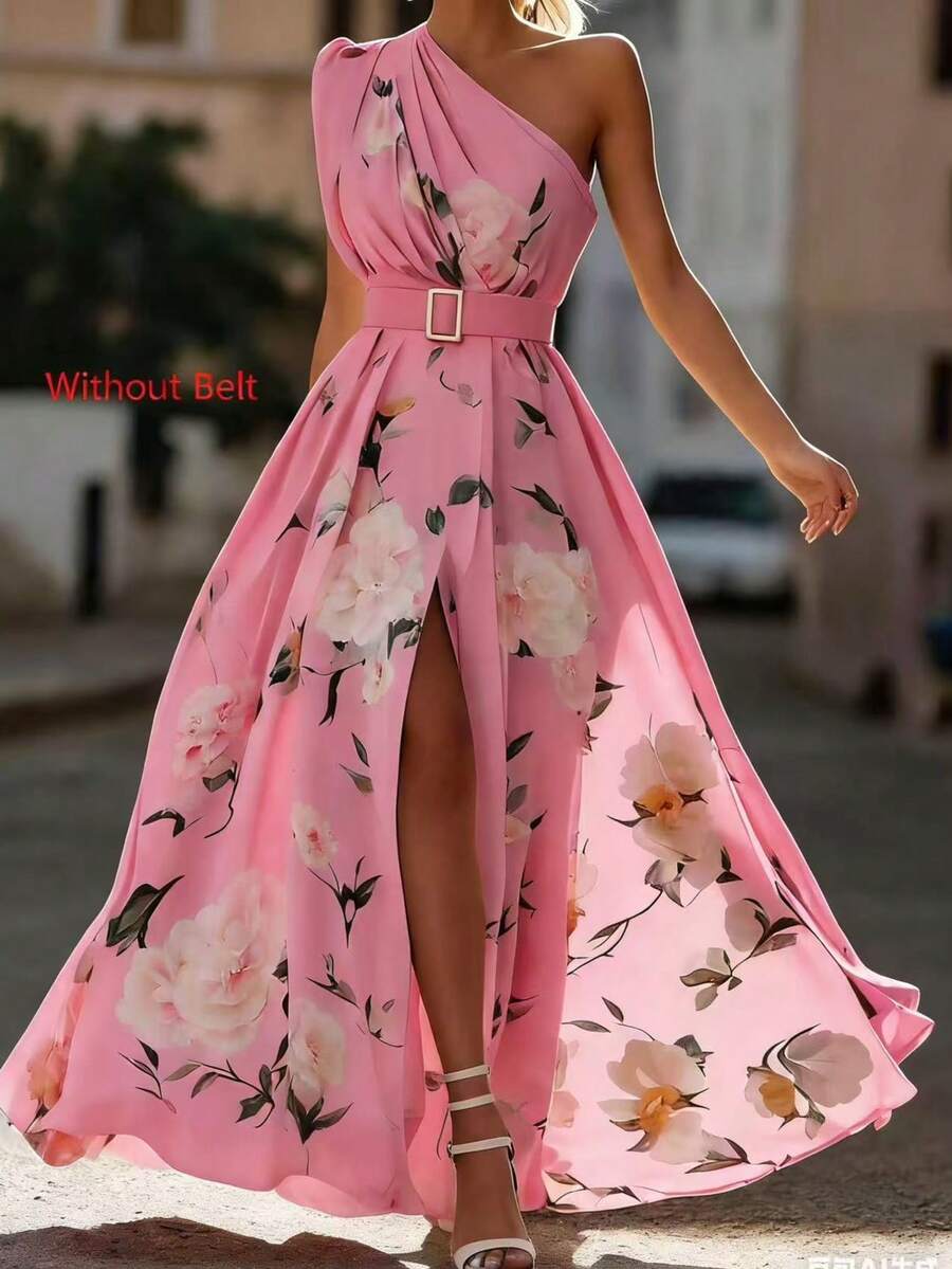 Women's Floral Print Green Flower Hem A-Line Dress, Elegant Sleeveless Dress Without Belt Vacation Pink Summer - Pink - View 1