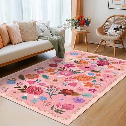 1pc Bright Pink Carpet, Bright Pink Bohemian Style Large Living Room Carpet, Mother's Day Gift Floral Pattern, Oriental Retro Color Tone, Bedroom Carpet, Dining Room Carpet, Children's Room Carpet, Home Office Indoor Decorative Carpet, Suitable For Living Room, Bedroom, Kitchen, Indoor/Outdoor Entrance Mat, Coffee Table Mat, Home Decor