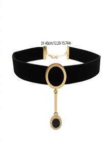 1pc Minimalist Velvet Round Glass Pendant Necklace For Women - Black - View 5