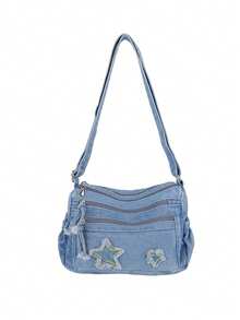 水洗牛仔布多拉链单肩包，复古时尚百搭斜挎包，轻便休闲星形图案女士手提包 - 彩色 - 查看 16