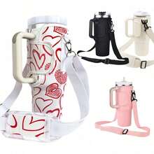 1pc 40oz Adjustable Strap Portable Water Bottle Sleeve, Solid Color Waterproof Heart-Shaped Valentine's Day Water Bottle Accessory, Suitable For Hiking, Camping, Business Travel, Compatible With Stanley - Multicolor - View 2