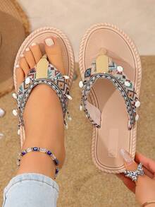 女童时尚平底人字拖，波西米亚风格，时尚吊坠设计，舒适轻便沙滩鞋 - 彩色 - 查看 2