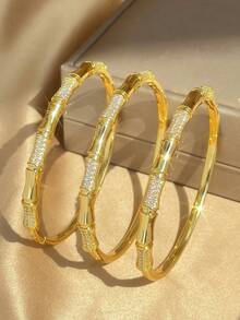 Bộ 1/2/3 vòng tay mạ vàng 18K chống phai màu, sang trọng, kiểu dáng nút tre, đính đá Zirconia, phù hợp cho nữ giới đeo hàng ngày, thích hợp cho tiệc tùng, hẹn hò, đi biển, Ngày của Mẹ, Ngày Valentine, mùa xuân, đám cưới và các dịp khác. - Vàng - Xem 3