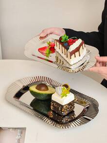 1件套欧式长方形不锈钢条纹边托盘，下午茶蛋糕水果盘，甜点盘，家用餐桌托盘 - 銀色 - 查看 5