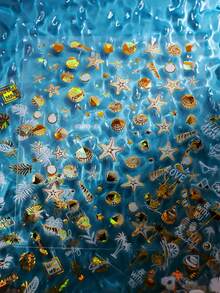 12片装烫金激光金色海洋系列美甲贴纸 3D夏季海星贝壳海螺美甲贴花 Y2K美人鱼美甲用品美甲滑块 - 彩色 - 查看 8