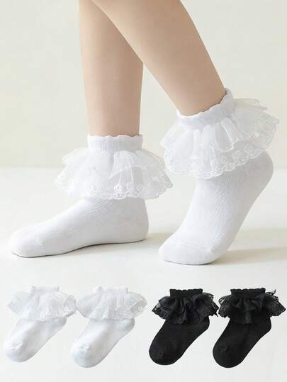 2 Pairs Girls' Solid Color Lace Trim Socks, Princess Style Short Socks For Toddlers & Big Kids