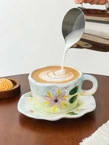 Bộ tách và đĩa sứ kiểu Ins Style họa tiết hoa tươi tắn, bộ tách và đĩa sứ vẽ hoa chuyển màu thủ công, tách cà phê sứ viền lượn sóng bất đối xứng, bộ tách và đĩa sứ trà chiều nữ tính. - Nhiều màu - Xem 4