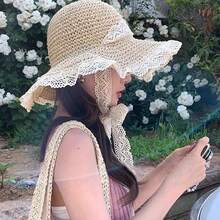 1顶新款丝带系带镂空草帽，女士夏季旅行防晒沙滩帽 - 彩色 - 查看 6