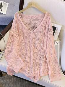 Women's V-Neck Hollow Rhombus Design Loose Knit Cover Up, Lightweight Breathable Cover-Up For Beach & Holiday, Spring/Summer Vacation - Pink - View 11