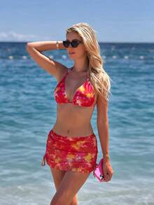 Bộ bikini hai mảnh buộc cổ họa tiết nhuộm màu đậm dành cho nữ năm 2026, kiểu dáng gợi cảm thời trang cho kỳ nghỉ, gồm 3 mảnh và váy quấn có dây rút, thích hợp cho bãi biển và spa thư giãn. - Nhiều màu - Xem 2