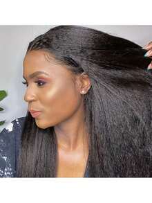 混合假发 - 真人发与合成Yaki直发的混合，带弹性抽绳，告别打结，预剪13x4蕾丝前额，180%密度，即戴即走，3S佩戴，无胶Yaki假发，预先拔毛，预先漂白，隐形结，波波头（8-16英寸） - 自然色&黑色系 - 查看 7