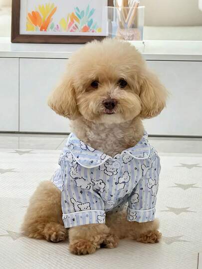 Soft Cotton Dog Button Up Shirt Pajamas, 2 Color Options Puppy Print Pet Clothes, Lightweight Striped Dog Cat Sleepwear For Small Medium Breeds, Comfy Doggie Loungewear For Home & Outdoor