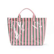 Pink Vertical Stripe Tote Bag, Large Capacity Lightweight Design, Daily Commute Shopping Storage Bag, With Soft-Touch Handle And Minimalist Silhouette, Suitable For Office Workers, Shopping, Café Leisure, Short Trips, Fashionable Versatile Shoulder - Green and pink stripes - 查看 2