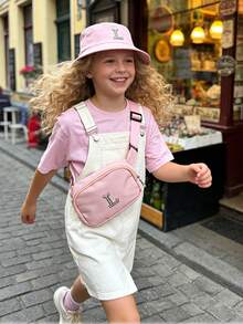 2件套儿童A-Z字母水钻渔夫帽和腰包 - 粉色时尚2件套，女孩户外/街头休闲装 - 粉色 - 查看 8