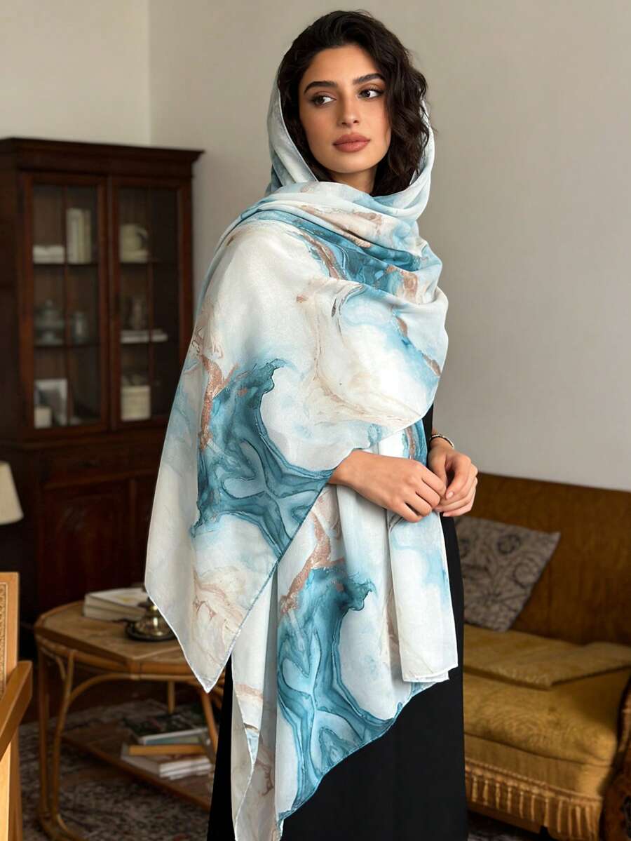 1pc Bohemian Style Watercolor Print Headscarf, Sun Protection Scarf, Versatile Shawl, Suitable For Daily Wear, Can Also Be Used As Dress Accessory - Turquoise - View 1