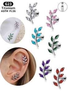 1 pieza Pendiente de titanio con rosca interna plana, diseño de hoja con circonita cúbica de corte pera 5A, anillo de cartílago, trago, nariz y labio con forma de hoja de titanio G23 para oídos sensibles, joyería de perforación unisex - 1 pieza de titanio - Ver 2