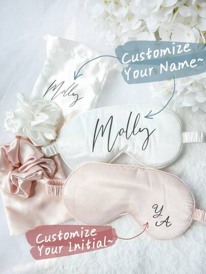 Customizable Name Sleep Mask + Scrunchie + Storage Bag Set, Satin Texture, Multi-Functional, Decorative, Suitable For Bridesmaid Gifts, Bridal Party Favors, Wedding Souvenirs, Fashionable Retro Style, Multiple Colors, Comfortable, Unique Personalized, Ideal Gift For Girlfriend, Her, Friends