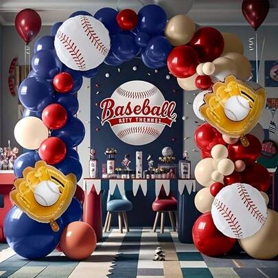 Baseball-Themed Birthday Party Decoration, 113 Navy Blue And Red Nude Balloons, Curved Baseball Glove Foil Balloons, Baseball-Themed Birthday Party, Baptism, Gender Reveal Decoration, Single Men's Graduation Party, Outdoor Party Decoration Preferred Balloons