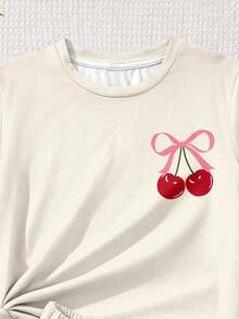 Girls 2 Piece Summer Outfit Cherry Bow Graphic Tee & Shorts Set Cute Casual Outfits - Màu be - Xem 5