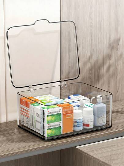 1 hộp đựng đồ để bàn trong suốt, hộp đựng đa năng chống bụi có nắp lật dùng để đựng mỹ phẩm, mặt nạ, văn phòng phẩm và các vật dụng gia đình khác, hộp đựng thuốc mini.