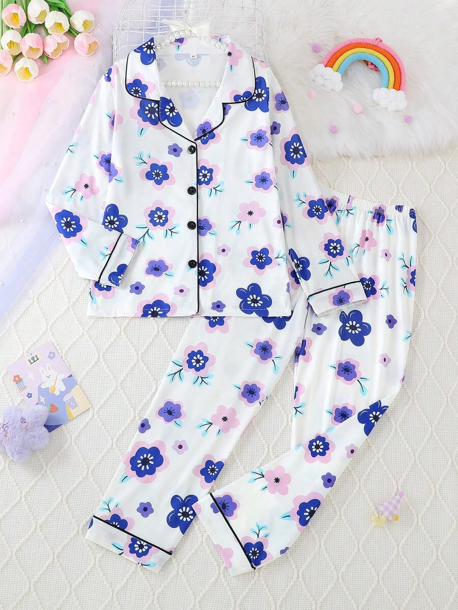2026新款春季女童休闲印花翻领长袖开衫长裤睡衣套装，两件套，阻燃，四季皆宜 - 白色 - 查看 1