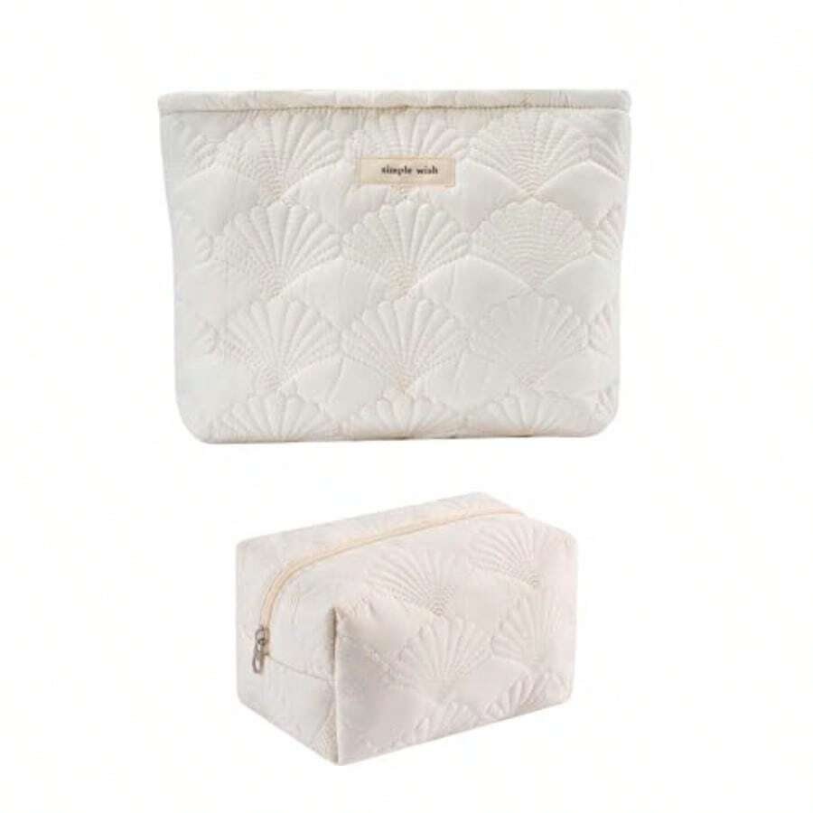 uekeboag - Bolsa de maquillaje acolchada de algodón color blanco coquette acolchado para mujeres y niñas bolsa organizadora de coquetas florales bolsas de cosméticos de viaje 2 conchas blancas - 2 conchas blancas - Ver 1