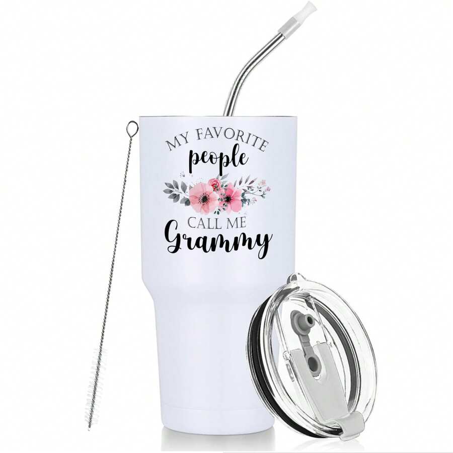 30oz Stainless Steel Tumbler Black White Options,  My Favorite People Call Me Grammy Graphic Cups, Insulated Travel Coffee Mug With Lid And Straw , Double Wall Vacuum Reusable Travel Cups,  Funny Birthday Party Gift For Men - trắng - Xem 1