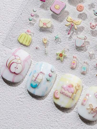 卡通趣味美甲贴纸，浮雕美甲贴纸，女士自粘美甲贴纸，5D浮雕效果，可爱有趣，精致主题，轻松DIY美甲装饰，节日礼物，派对风格贴纸，水杯手机装饰贴纸