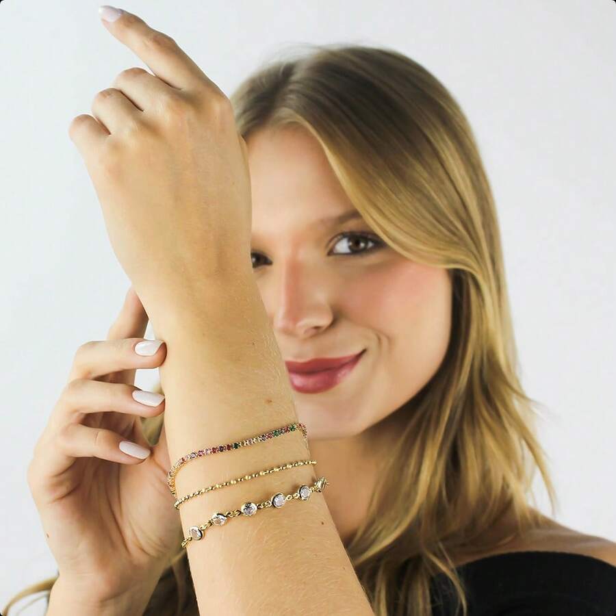 3-Piece Trio Bracelet Set In Gold With Colorful Crystal Zirconia And Beads - 18k Gold Plated - Gold - View 1