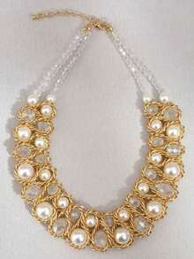 1件装时尚编织水晶珍珠双股项链，优雅女士款 - 兩排水晶珍珠 - 查看 2