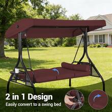 BOSMILLER 3-Seat Outdoor Porch Swing With Adjustable Canopy, 2 In 1 Convertible Patio Swing Bed, Patio Glider Swing For Backyard, Red - Red - View 5