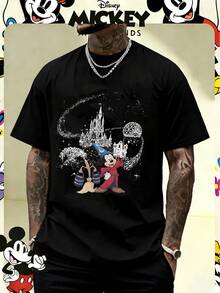 Disney Officially Licensed Sorcerer Mickey Mouse Castle Graphic 220g 100% Cotton T-Shirt, Unisex Regular Fit Casual Streetwear - 黑色 - 查看 1