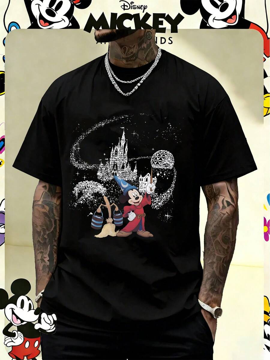 Disney Officially Licensed Sorcerer Mickey Mouse Castle Graphic 220g 100% Cotton T-Shirt, Unisex Regular Fit Casual Streetwear - 黑色 - 查看 1