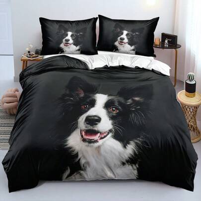2/3件套 3D 印花逼真边境牧羊犬肖像被套套装，黑色底，黑白毛发纹理，明亮眼睛，张嘴表情，摄影图案床上用品套装，宠物写实风格，宁静舒适被套套装（尺寸 135x200，仅含 1 个枕套）