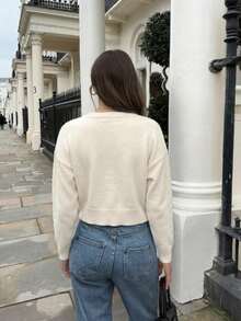 FOR BEAUTY Áo cardigan dệt kim dáng ngắn tay dài cổ tròn cài nút trước phong cách retro màu mơ cho nữ, mùa xuân & thu, áo top màu mơ, áo top mùa hè, trang phục đi biển - Mơ trắng - Xem 5