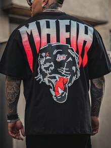 FRACTYR Men's Summer Casual Street Fashion Black & Red Tiger Graphic Double-Sided Loose Fit Round Neck Short Sleeve T-Shirt - Black - View 4