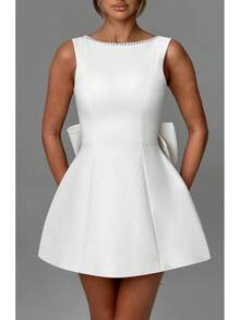 New Summer Women's Pearl Bow Back Fashionable Slim Fit Short Dress Hot Girl A-Line Dress - 白色 - 查看 6