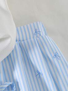 Conjunto de 2 piezas con top de punto acanalado de cuello en V + falda estampada con lazo a rayas, adecuado para uso diario, actividades al aire eventos, primavera/verano - Azul - Ver 3
